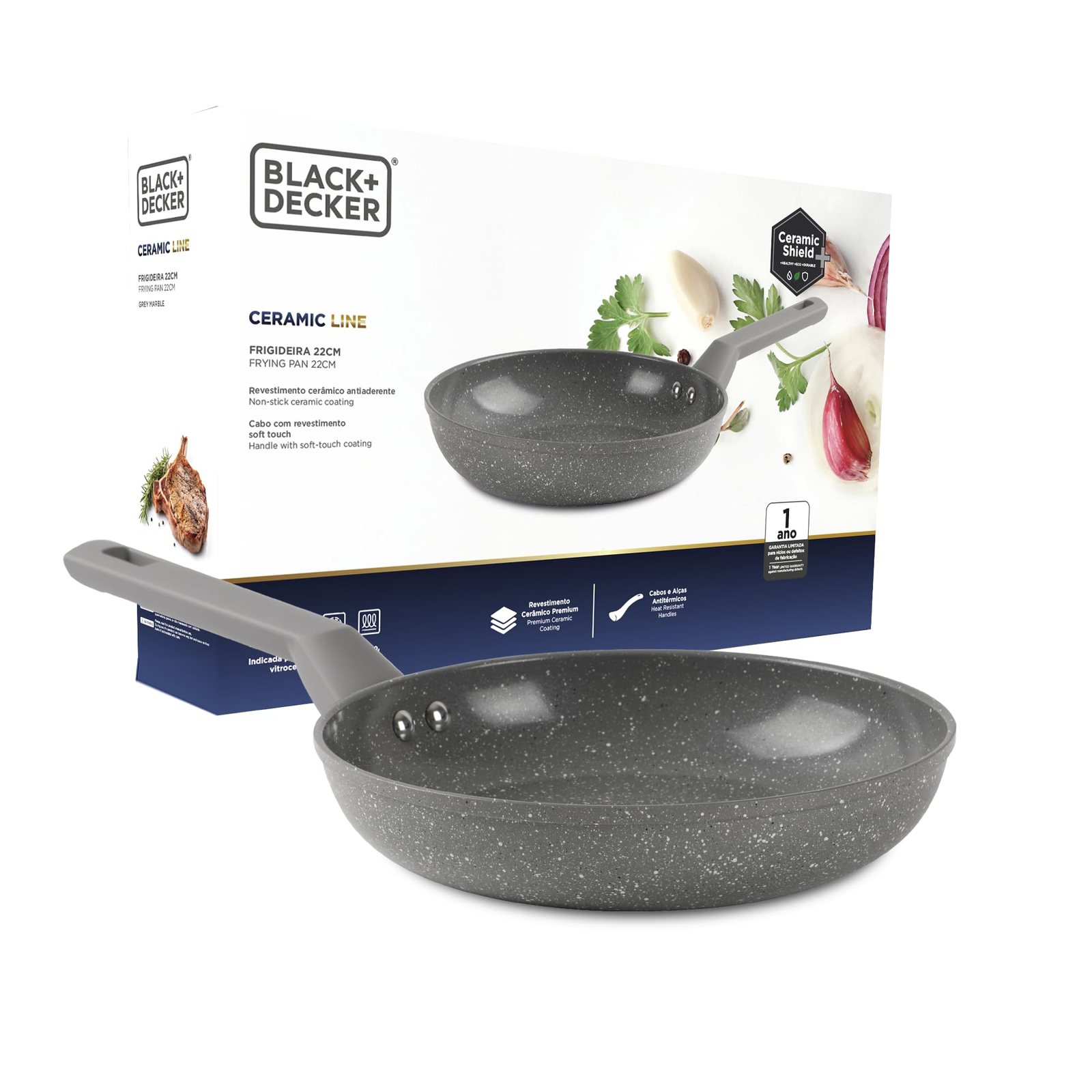 BLACK+DECKER FRIGIDEIRA 22 CM 1,5 LITROS CERAMIC LINE - CORPO COM REVESTIMENTO CERÂMICO ANTIADERENTE COM ACABAMENTO EXTERNO NA COR CINZA E BASE COMPATÍVEL COM INDUÇÃO - GREY MARBLE